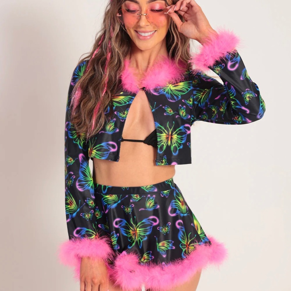 Euphoric Butterflies Marabou Long Sleeve Top/Mini Skirt Set